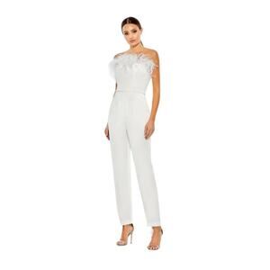 Mac Duggal Size 2 NEW Style 68146 White Strapless Jumpsuit Feather Trim Dressy